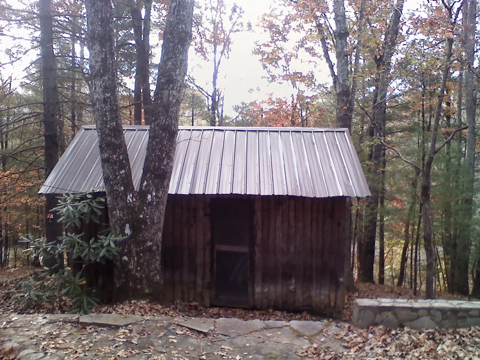 New metal gable roof on a small log shed among the trees in Carville