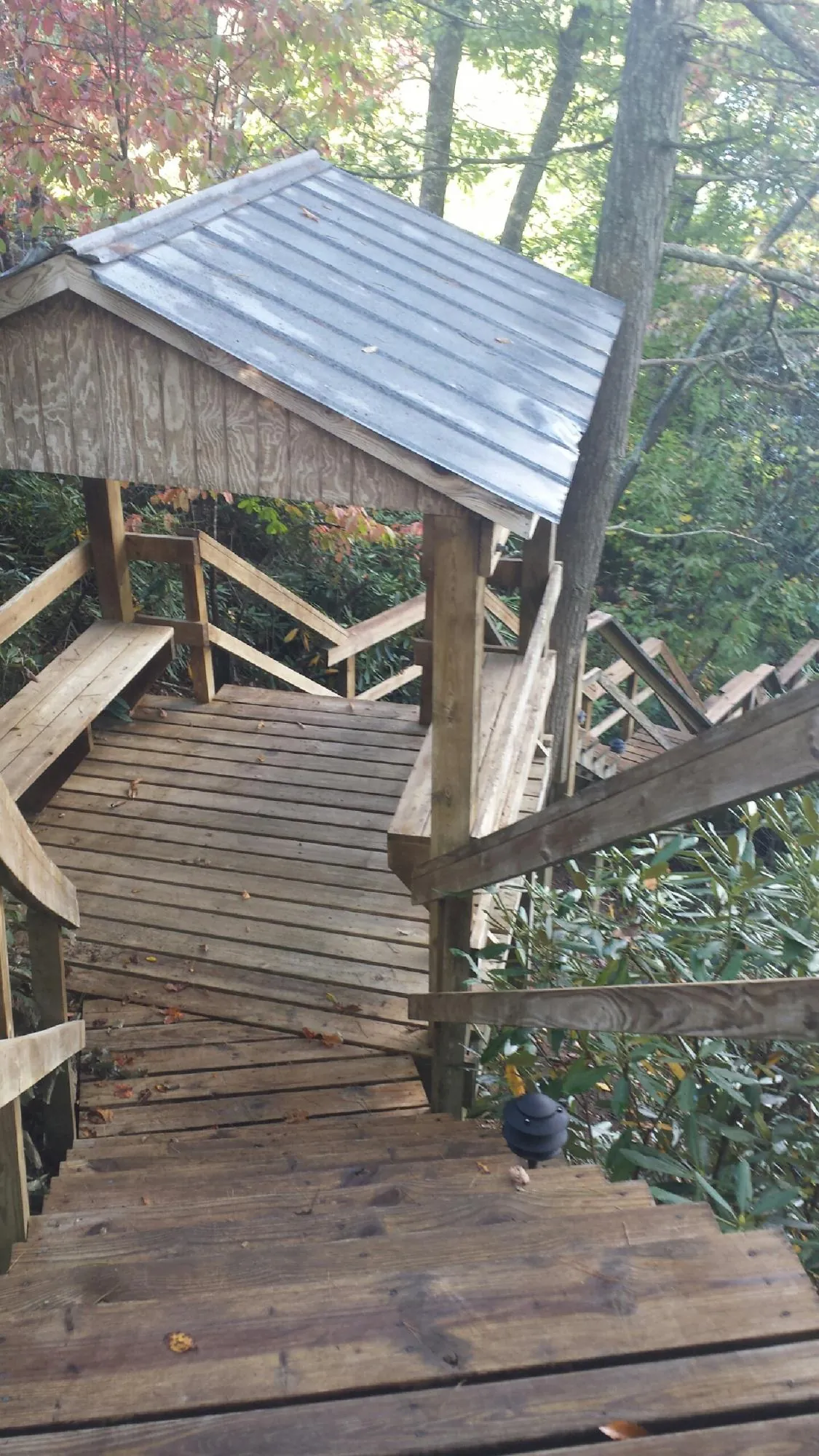 Metal roofed shelter over wooden steps on a wooded walkway — Skylight Repair & Installation work by our crew in Carville
